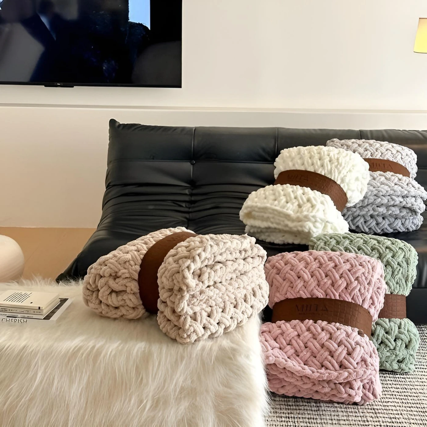 Плед ручной вязки, 50% шерсти (Белый) картинка