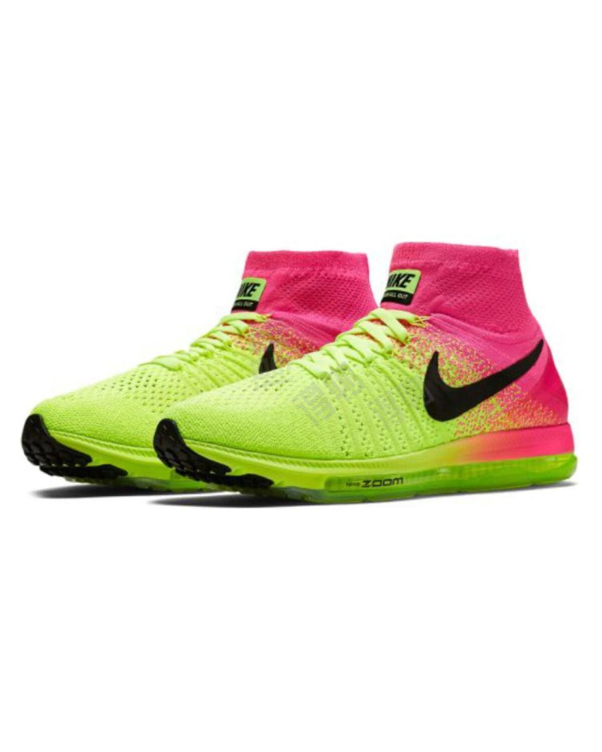 Nike All Out Flyknit мужские кроссовки текстильные неоновые зелено-розовые картинка