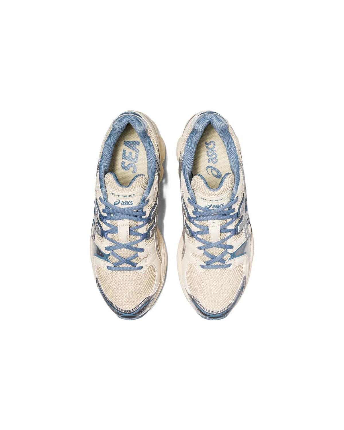 Asics GEL-Nimbus 9 унисекс кроссовки бежевые с голубыми деталями картинка