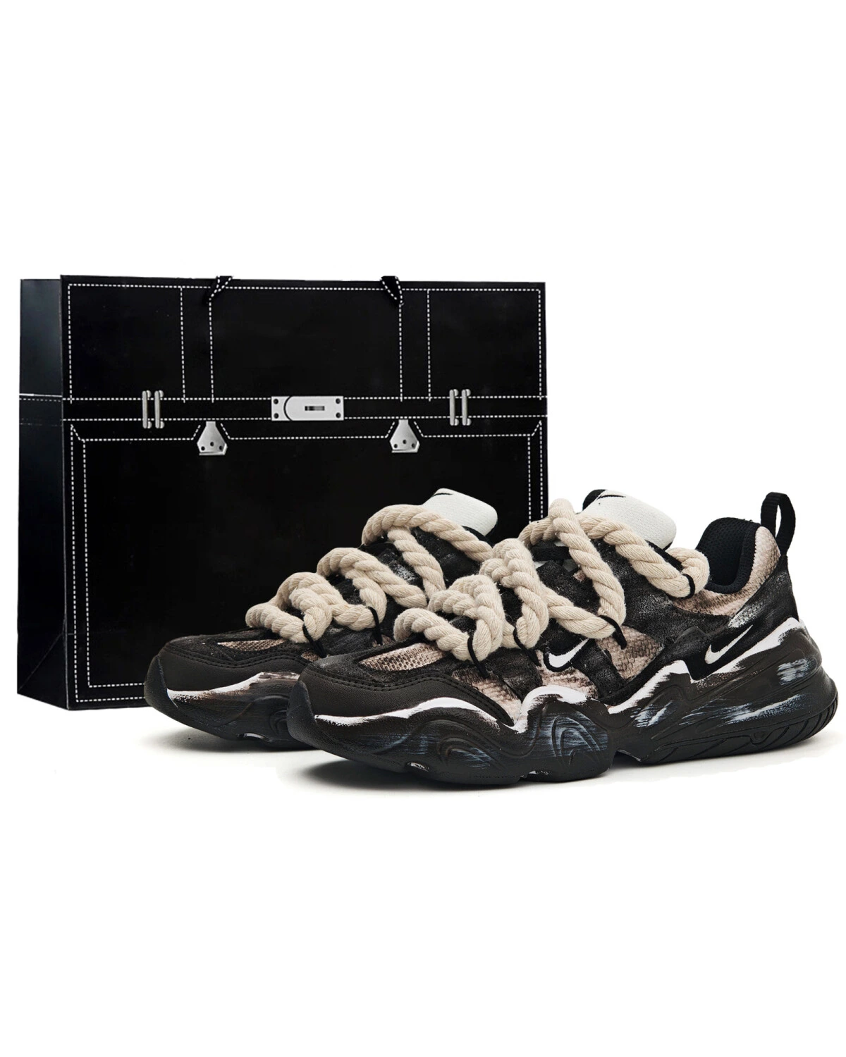 Nike Tech Hera унисекс кроссовки черно-коричневые из ткани и кожи картинка