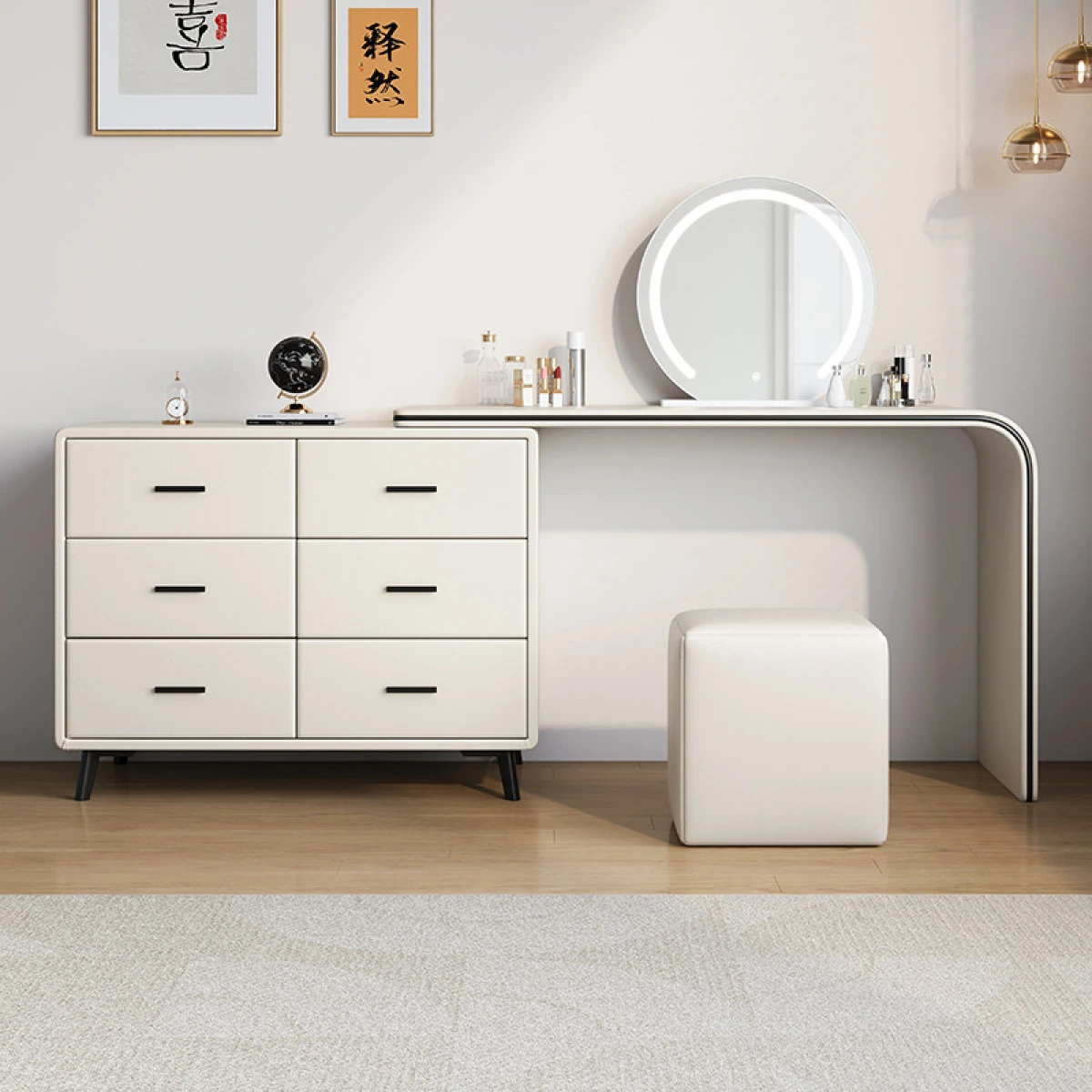 Раздвижной туалетный столик с сенсорным зеркалом, 6 ящиков (белый) картинка