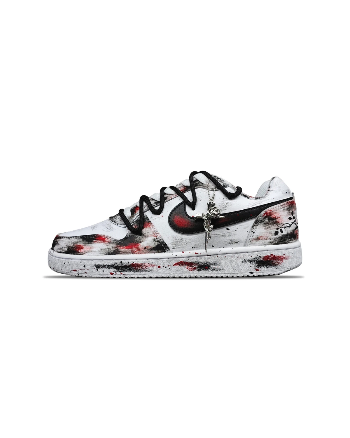 Nike EBERNON мужские кеды черно-белые с красным из синтетики и кожи картинка