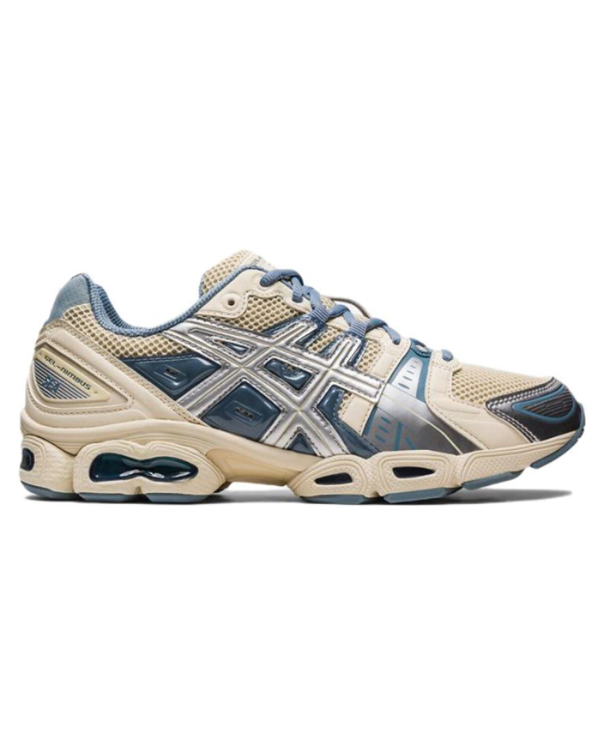 Asics GEL-Nimbus 9 унисекс кроссовки бежевые с голубыми деталями картинка
