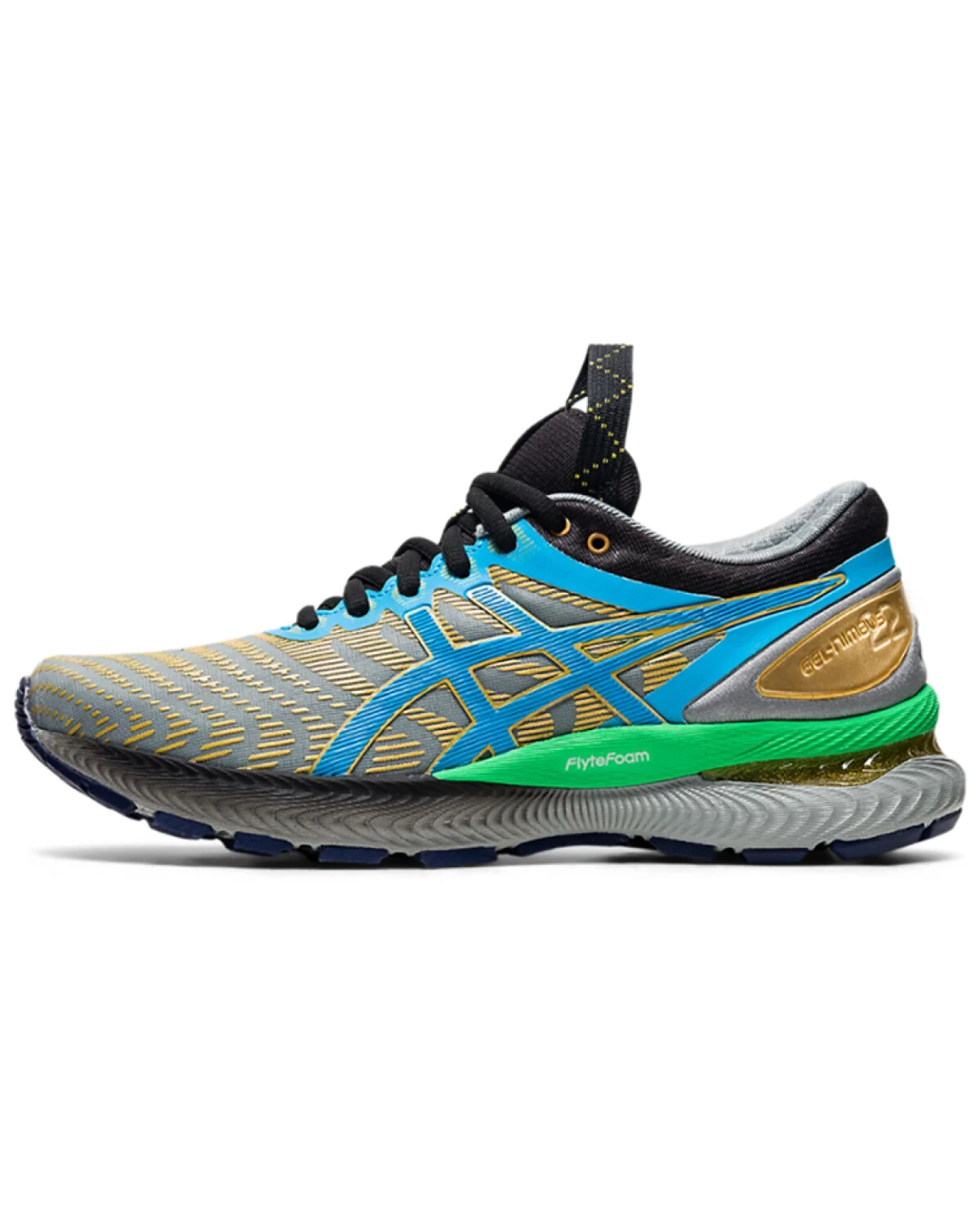 Asics GEL-Nimbus 22 женские кроссовки для бега серо-золотисто-синие картинка