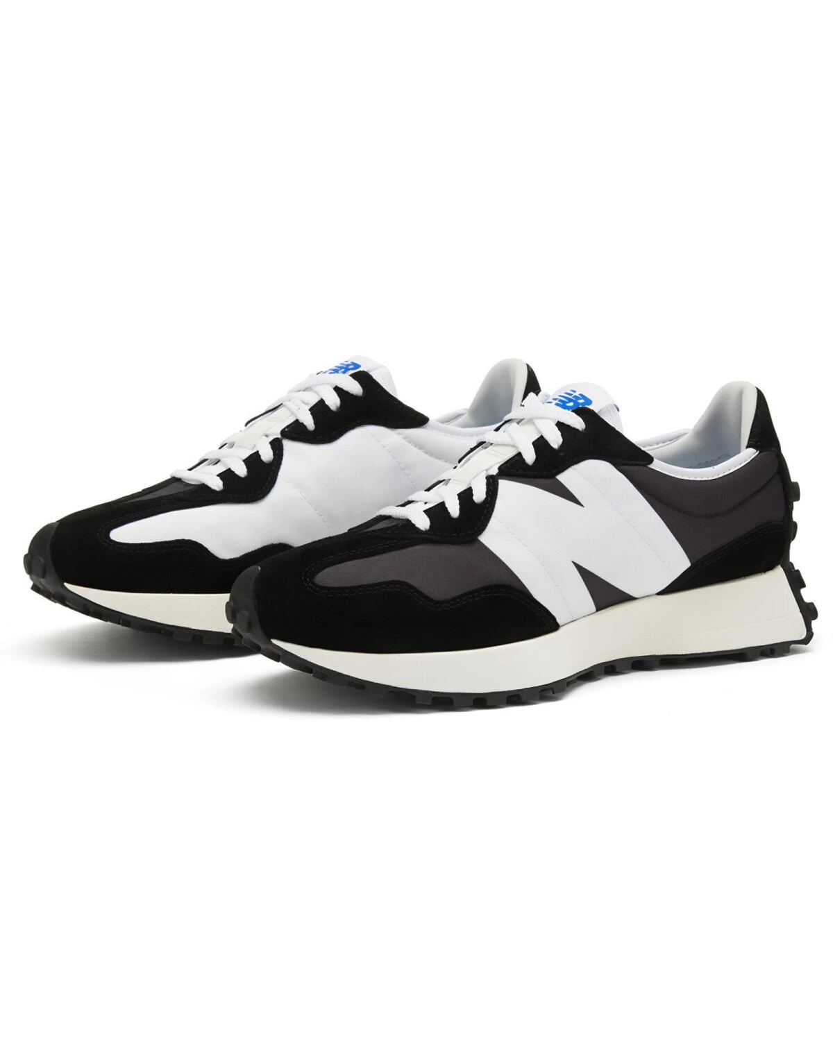 New Balance NB 327 унисекс кроссовки повседневные чёрно-белые из ткани и замши картинка