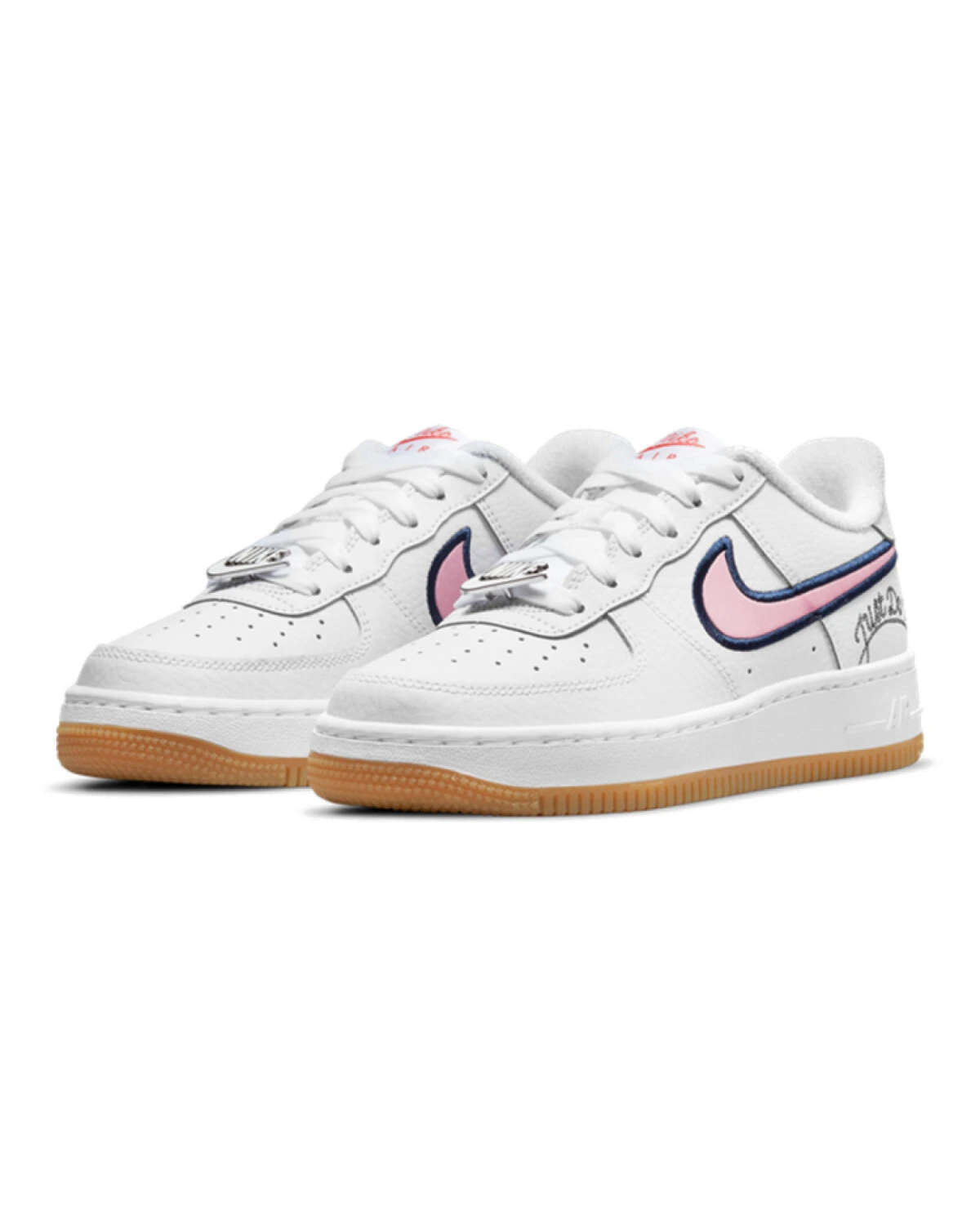 Nike Air Force 1 детские кроссовки белые с розовым логотипом картинка