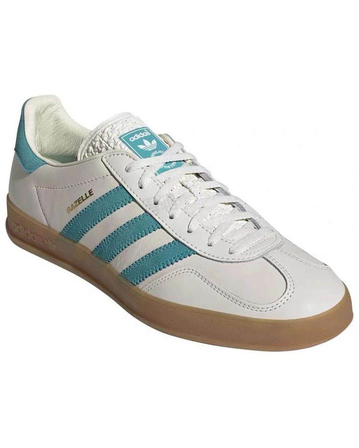 Adidas Originals GAZELLE INDOOR унисекс кроссовки белые с голубыми полосами картинка