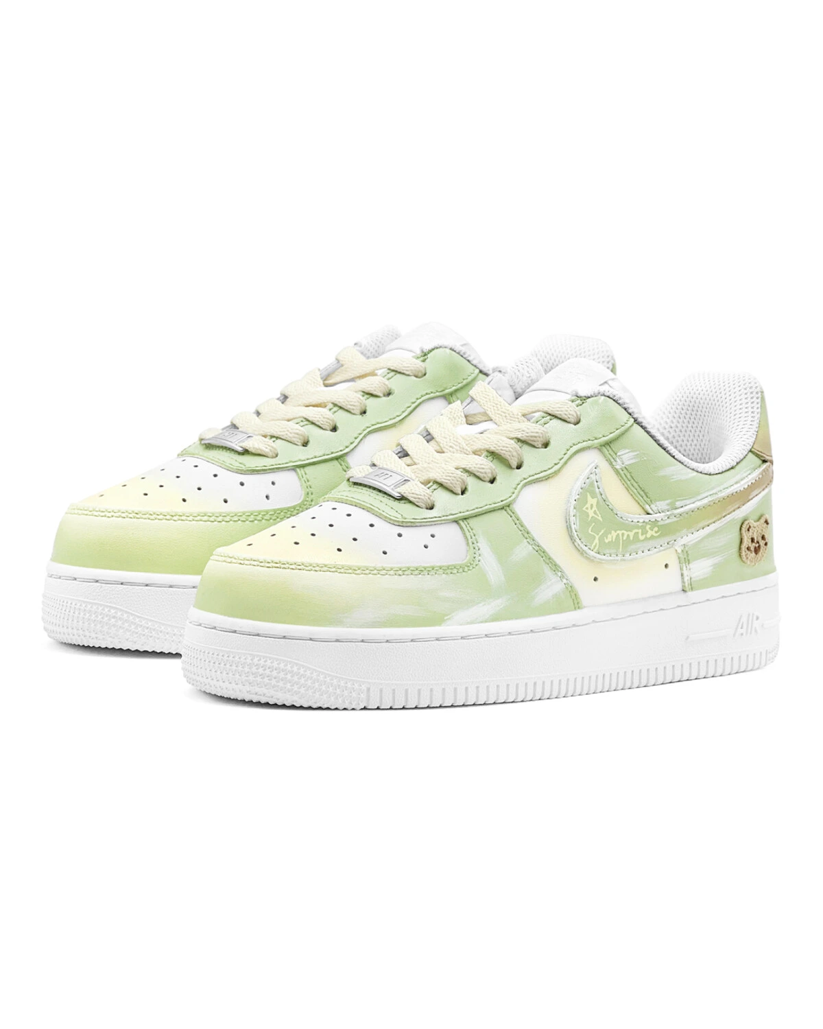 Nike Air Force 1 женские повседневные кроссовки зелено-желтые с медвежьим принтом картинка