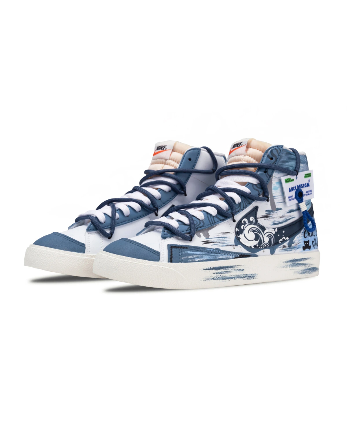 Nike Blazer Blue Note unisex кроссовки сине-белые с ручной росписью картинка