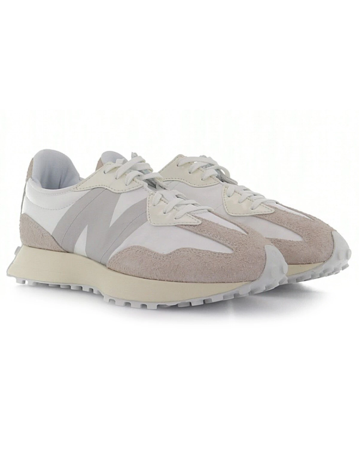 New Balance NB 327 женские кроссовки повседневные бело-серые из ткани и кожи картинка