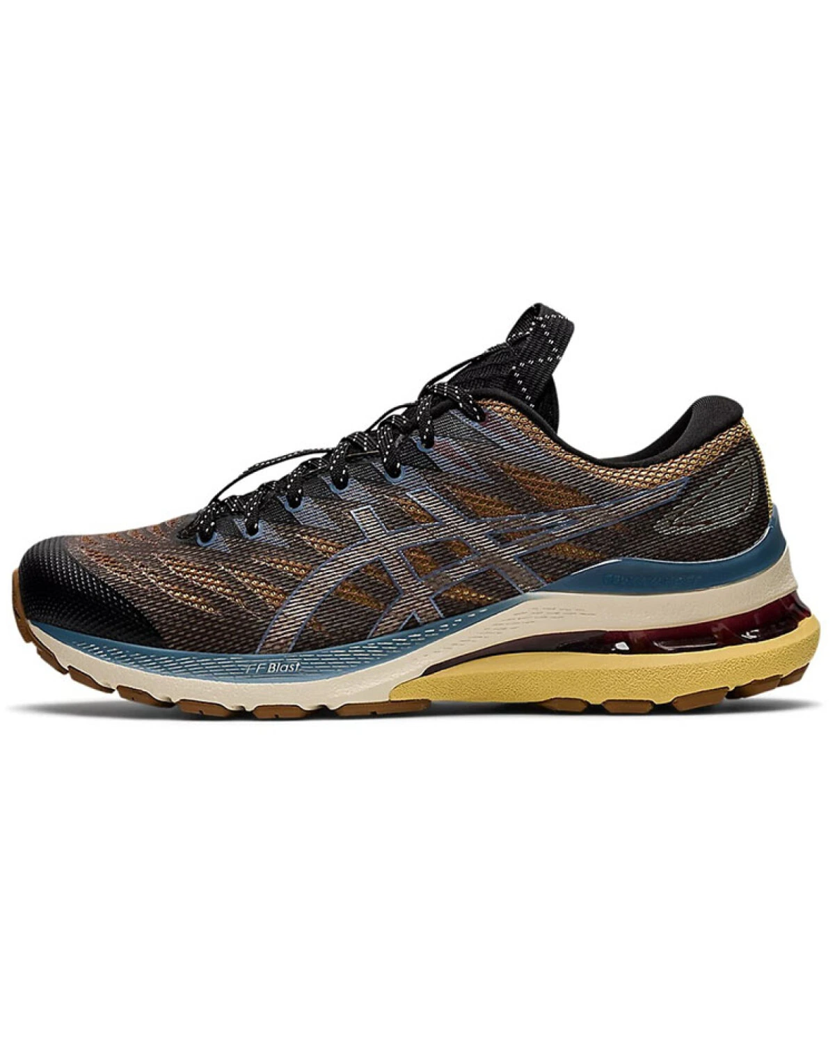 Asics Gel-Kayano 28 женские кроссовки текстильные угольно-чёрные с золотыми вставками картинка