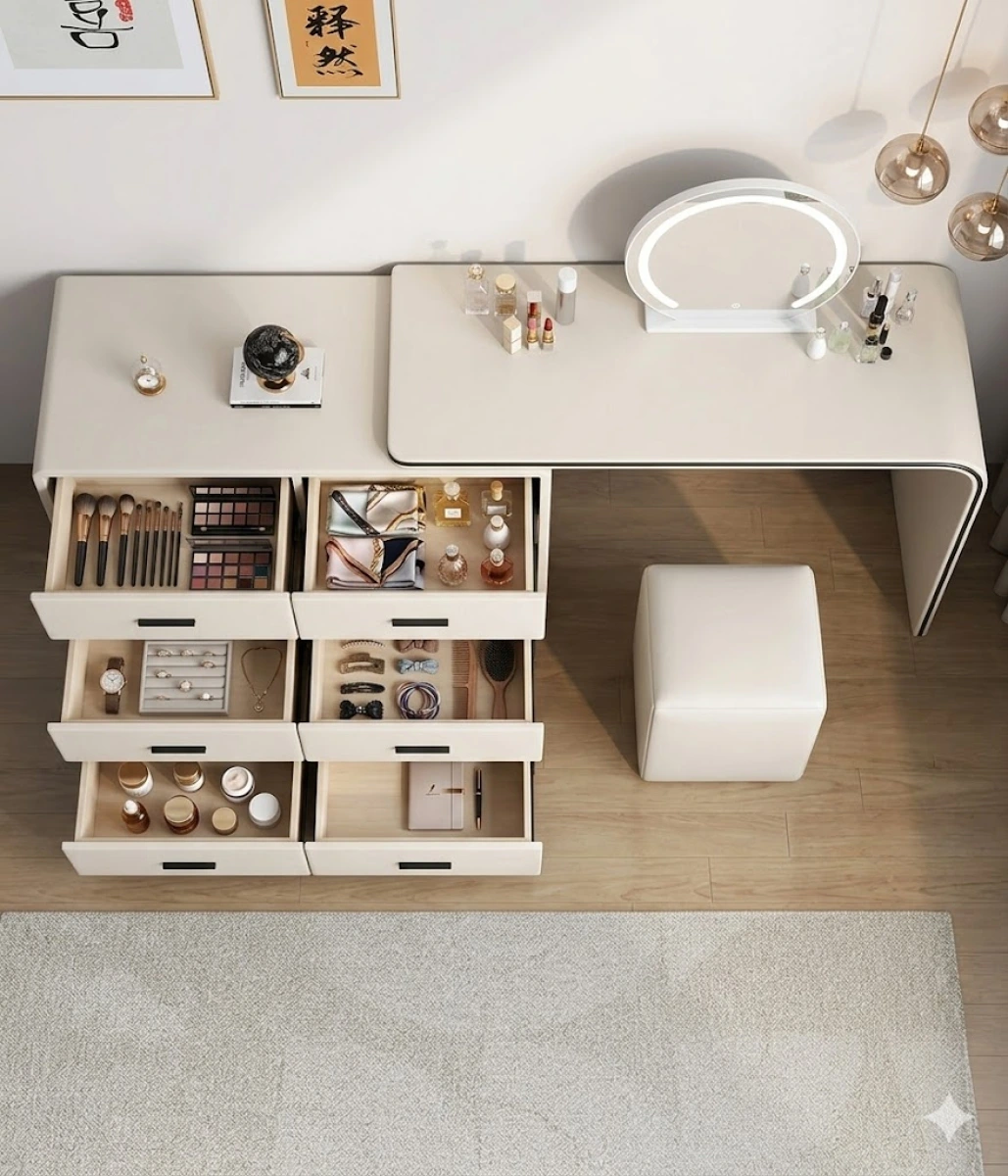 Раздвижной туалетный столик с сенсорным зеркалом, 6 ящиков (белый) картинка