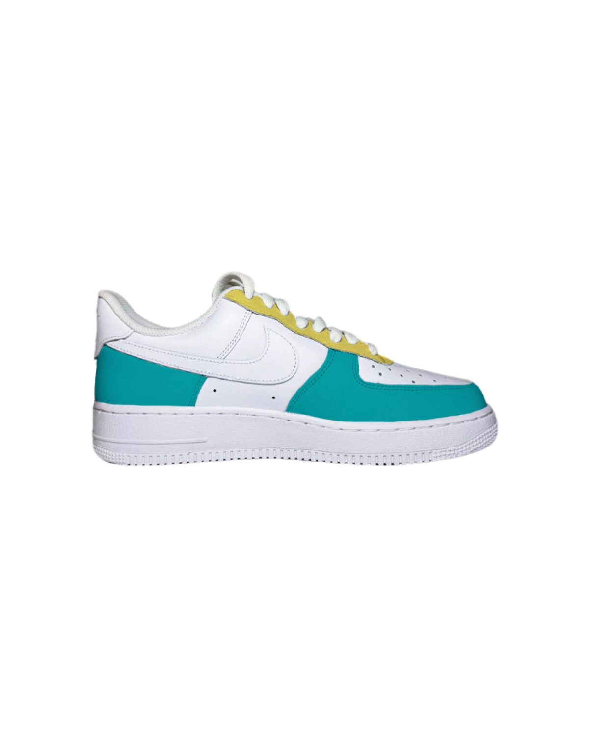 Nike Air Force 1 07 мужские кроссовки из кожи бело-голубые с желтым картинка