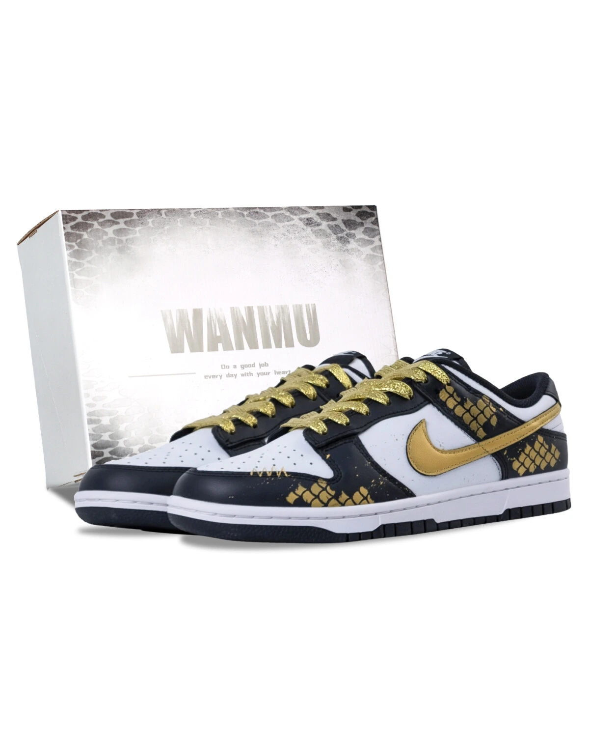 Nike Dunk женские кроссовки черно-золотые кожаные с текстурным принтом картинка