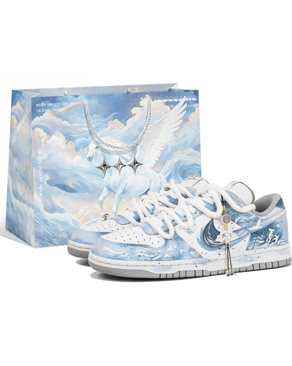 Nike Big Low мужские кеды сине-белые с ручной росписью картинка