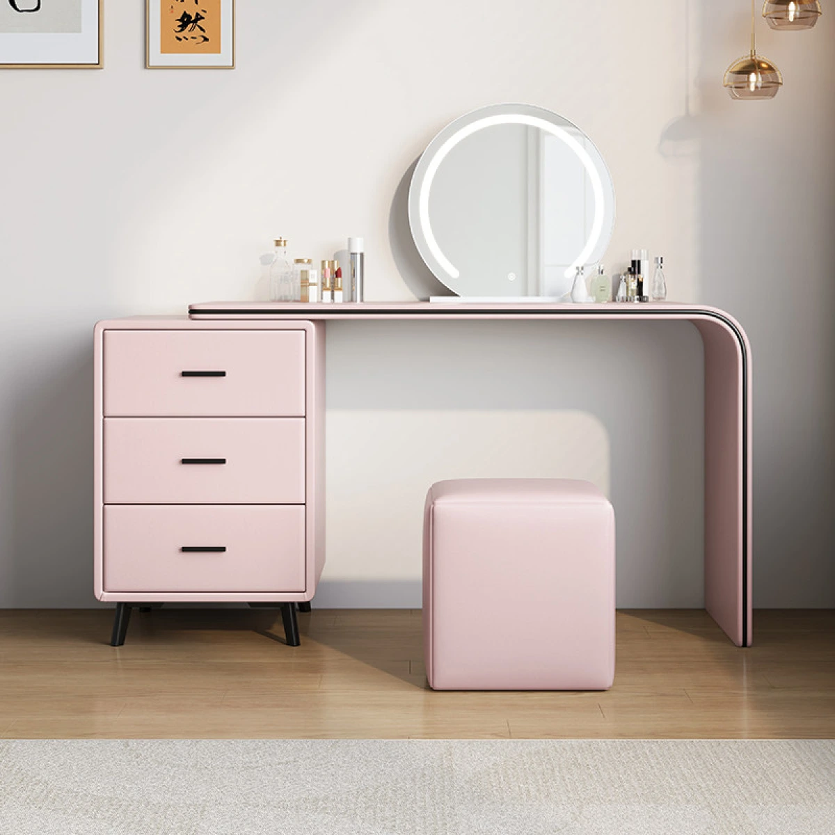 Раздвижной туалетный столик с сенсорным зеркалом (розовый) картинка