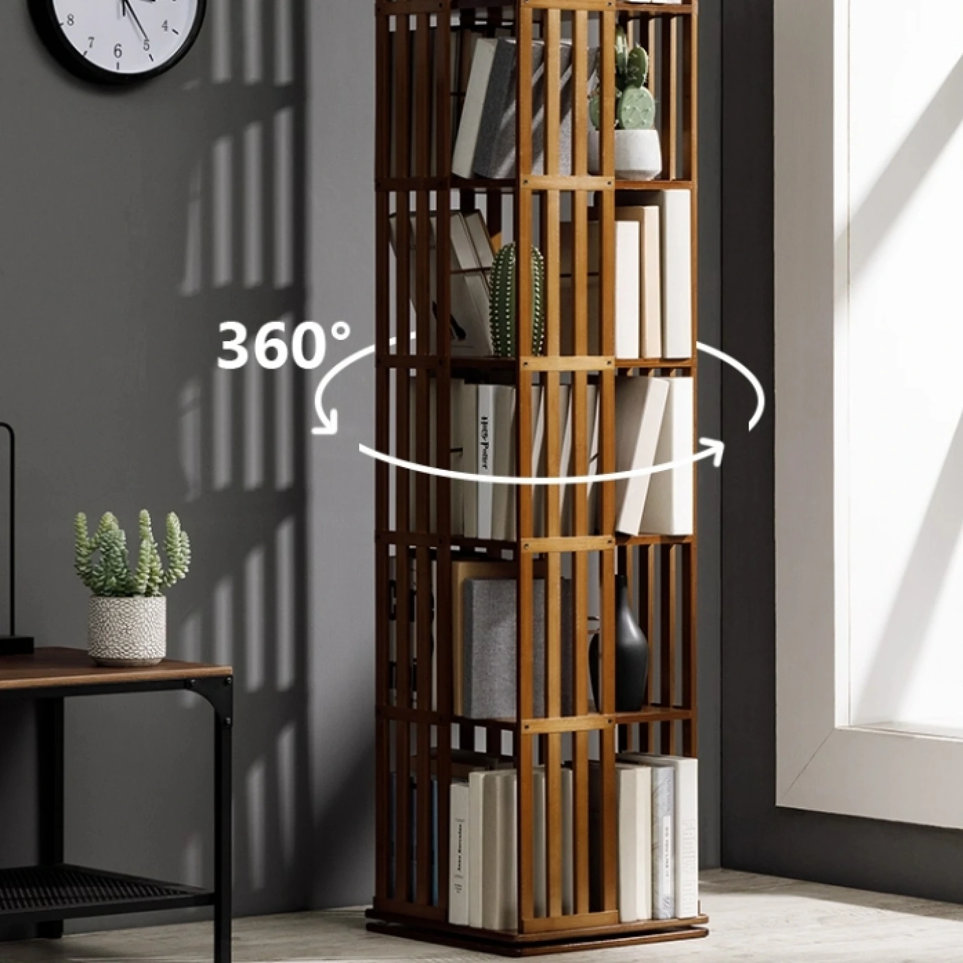 Поворотный книжный шкаф из бамбука, 360° (темное дерево) картинка