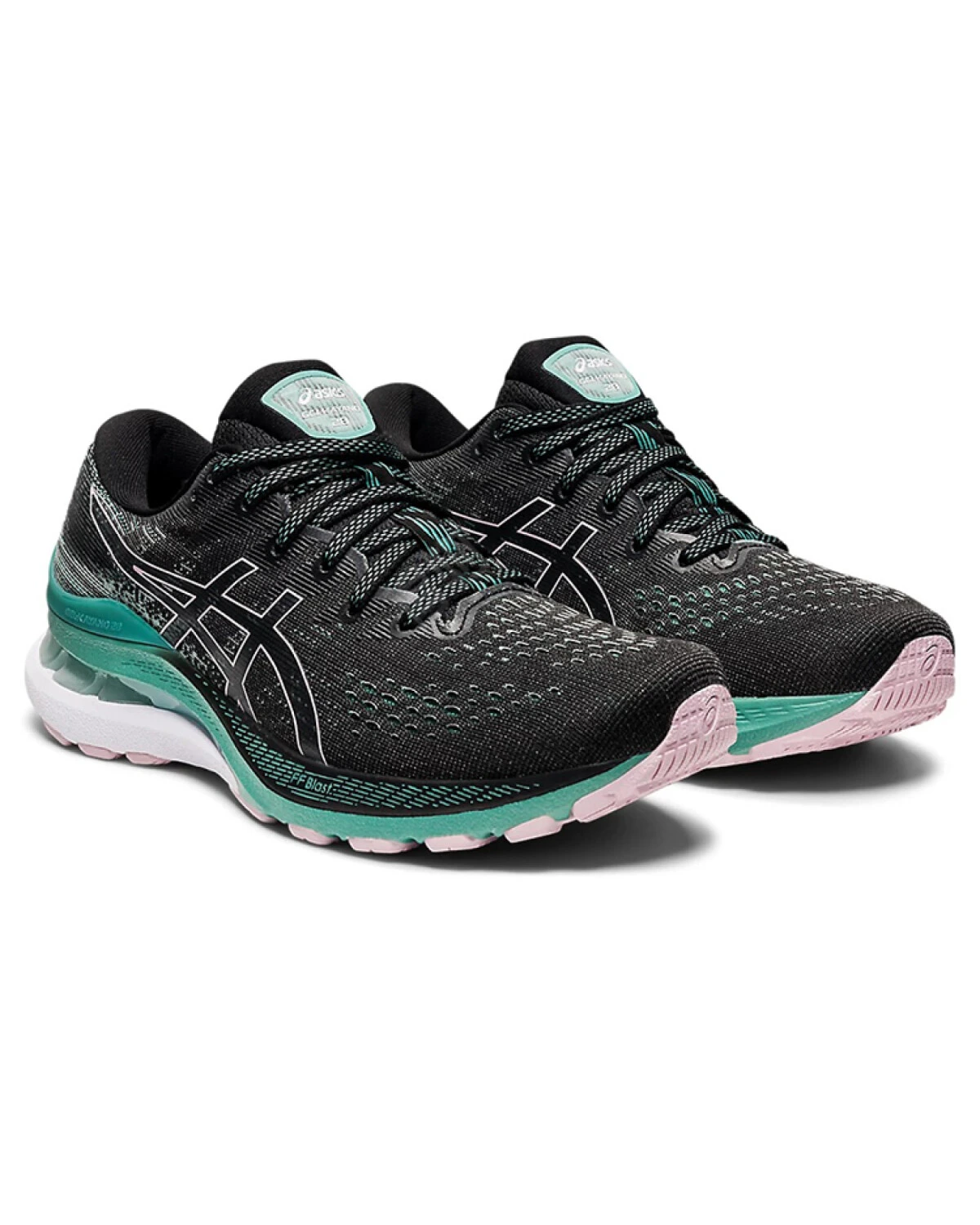 Asics Gel-Kayano 28 женские кроссовки для бега графитово-черные с зеленым картинка