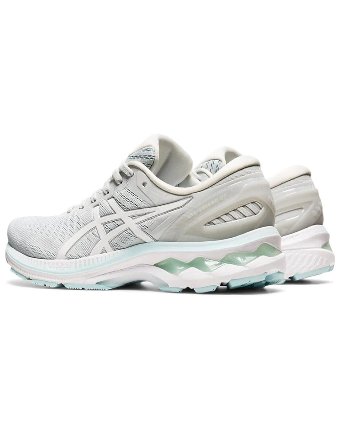 Asics Gel-Kayano 27 женские кроссовки для бега серо-белые с голубым картинка