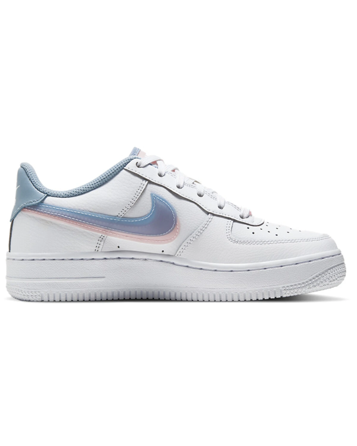Nike Air Force 1 Double Swoosh детские кеды бело-голубые с розовыми акцентами картинка