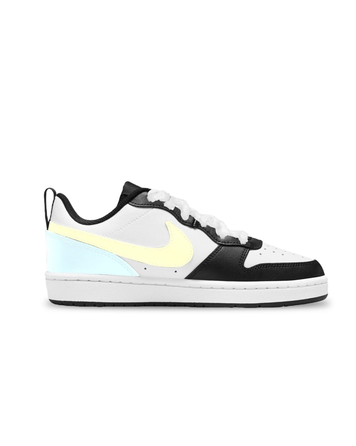 Nike Court Borough Low 2 детские кроссовки бело-черные с желтым и голубым картинка