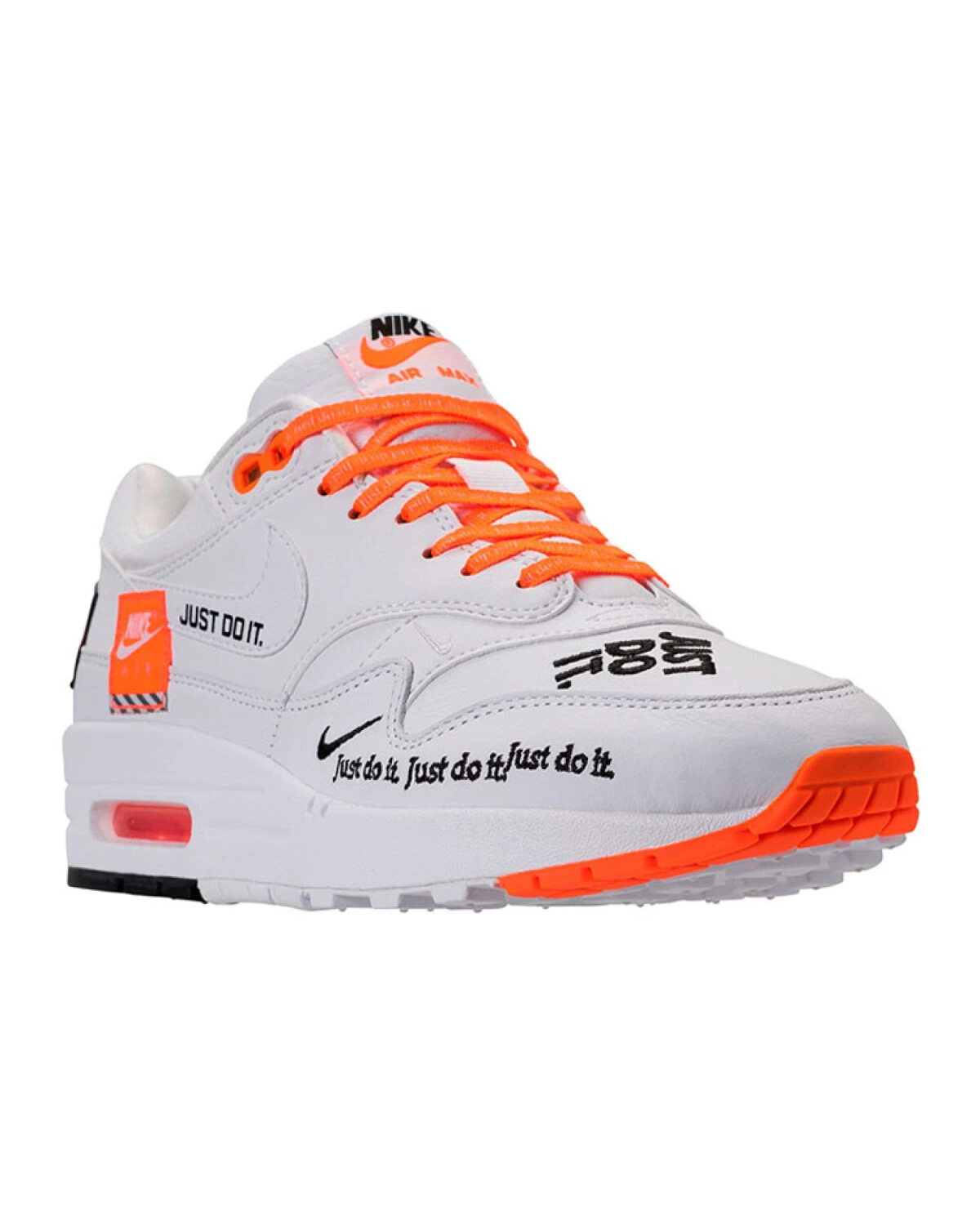 Nike Air Max 1 унисекс кроссовки белые с оранжевыми шнурками и воздушной подушкой картинка