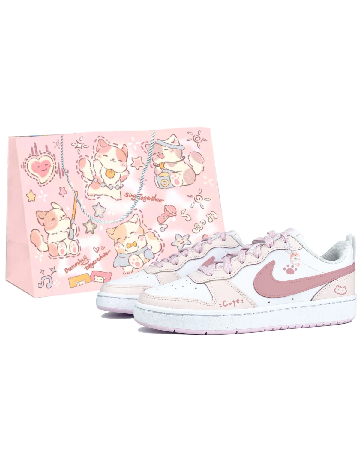 Nike Court Borough детские кеды розово-белые с принтом котиков картинка