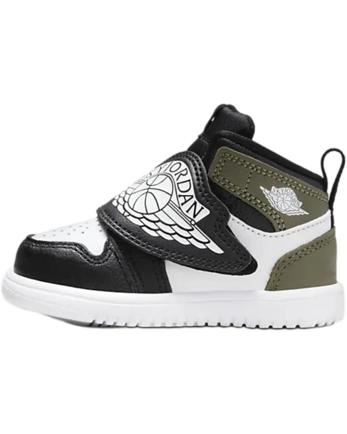 Jordan Sky Jordan 1 детские кроссовки кожаные черные с оливковым и белым картинка