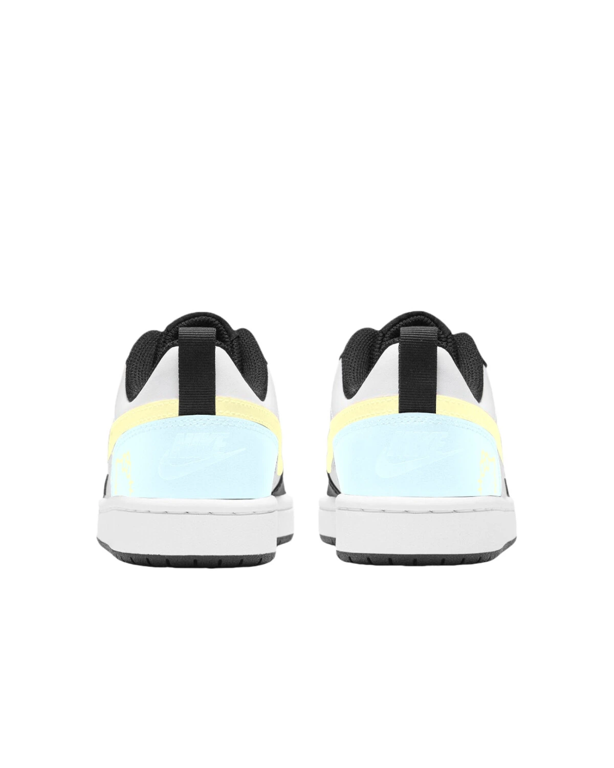Nike Court Borough Low 2 детские кроссовки бело-черные с желтым и голубым картинка