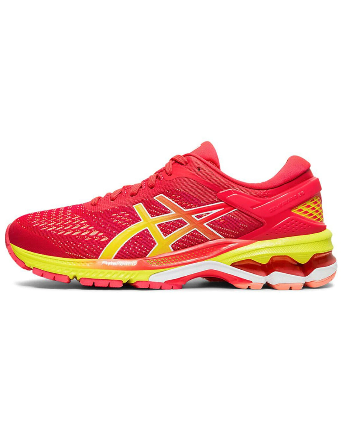 Asics Gel-Kayano 26 женские кроссовки для бега с комбинированным верхом красно-жёлтые картинка