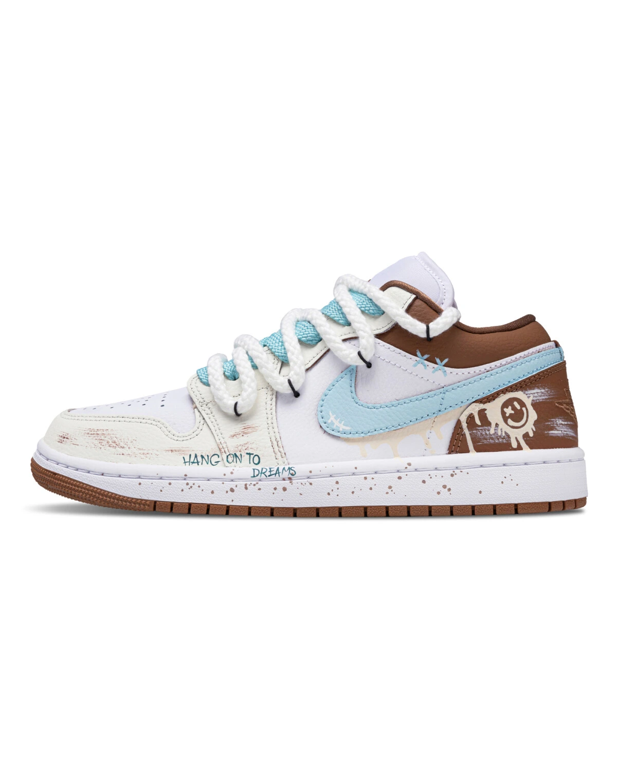 Jordan Air Jordan 1 унисекс кроссовки бело-голубые с коричневыми вставками картинка