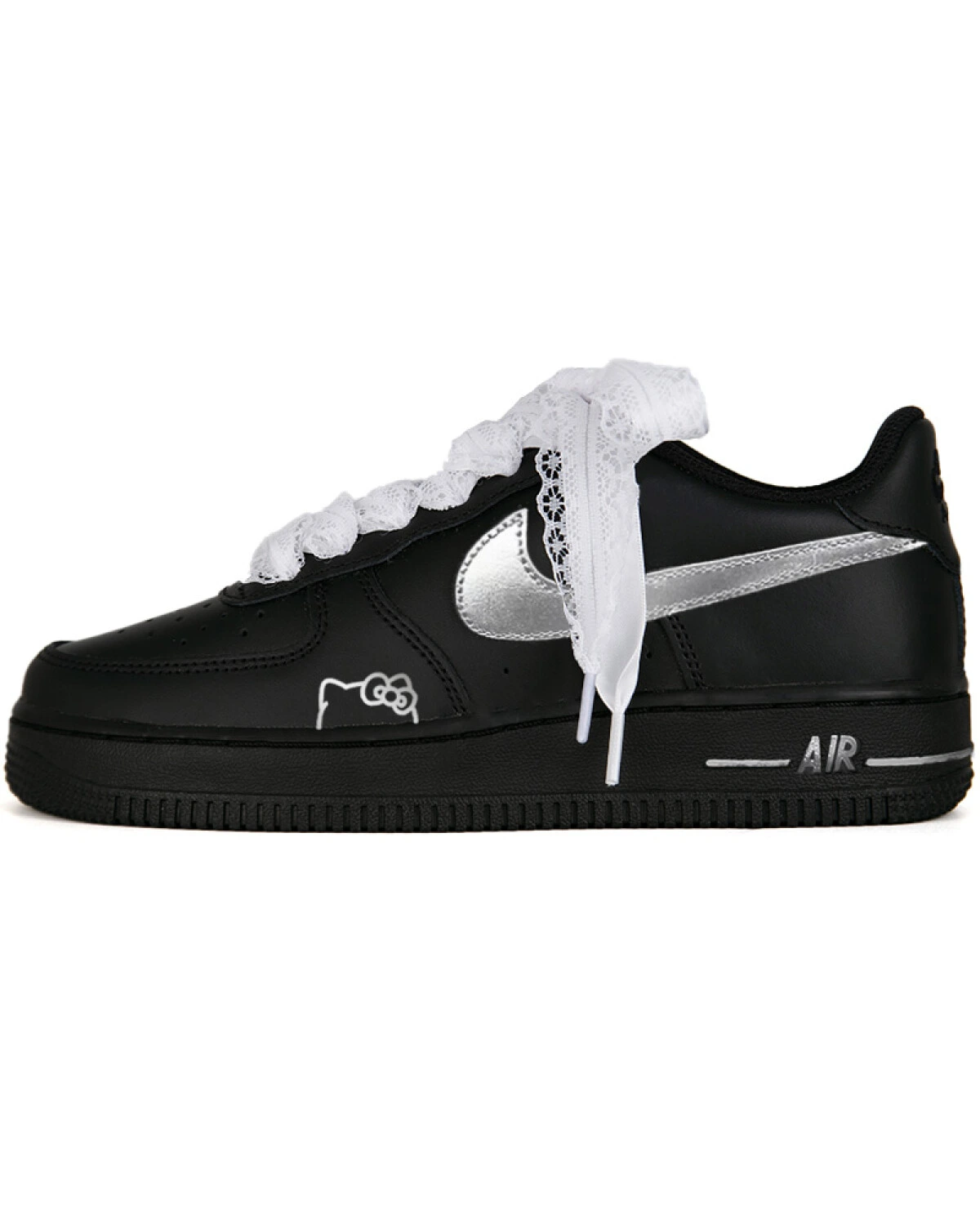 Nike Air Force 1 unisex кроссовки черно-серебряные с принтом кошки картинка