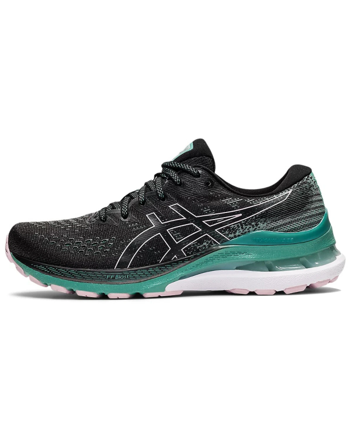 Asics Gel-Kayano 28 женские кроссовки для бега графитово-черные с зеленым картинка