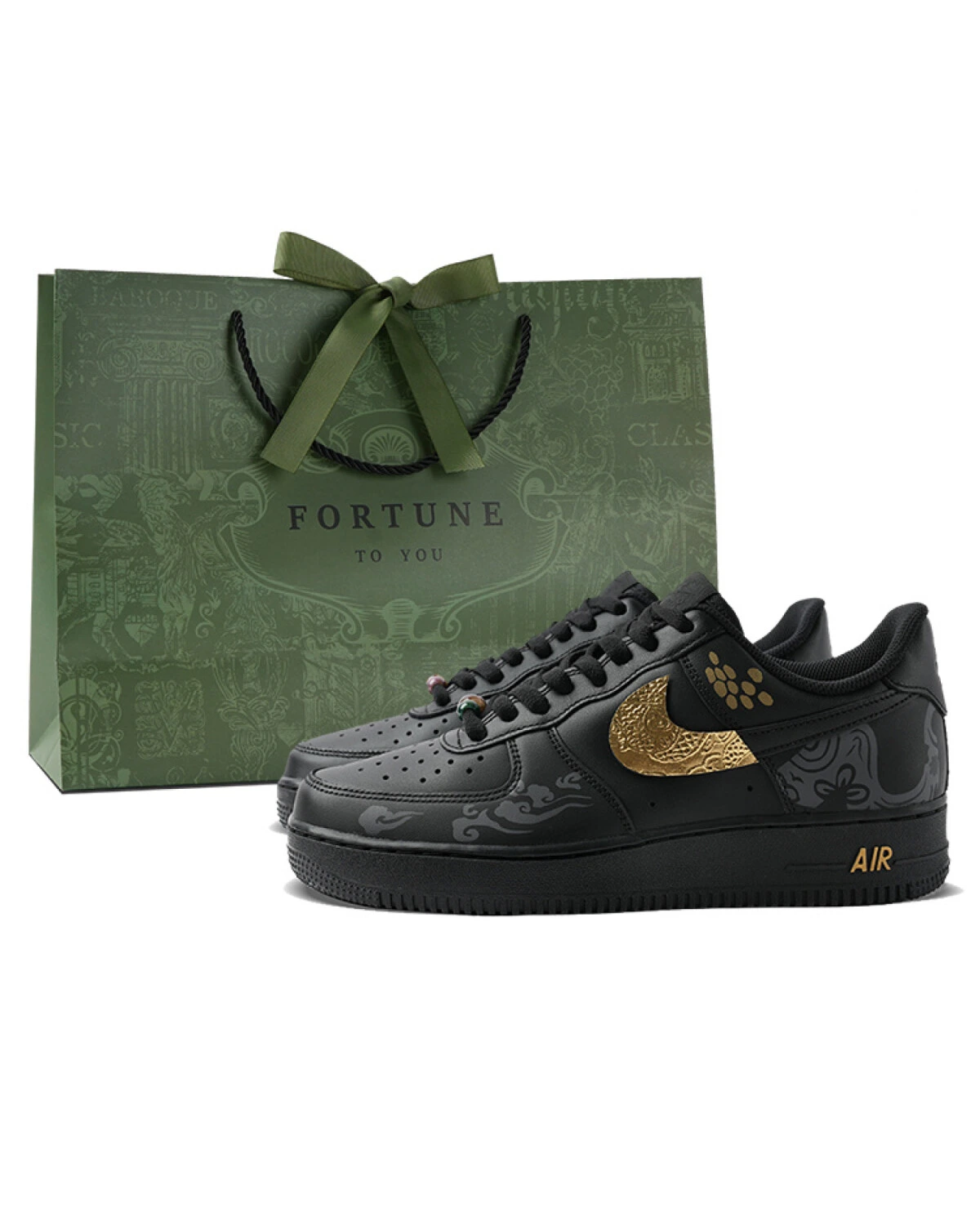 Nike Air Force 1 мужские и женские кроссовки черно-золотые картинка