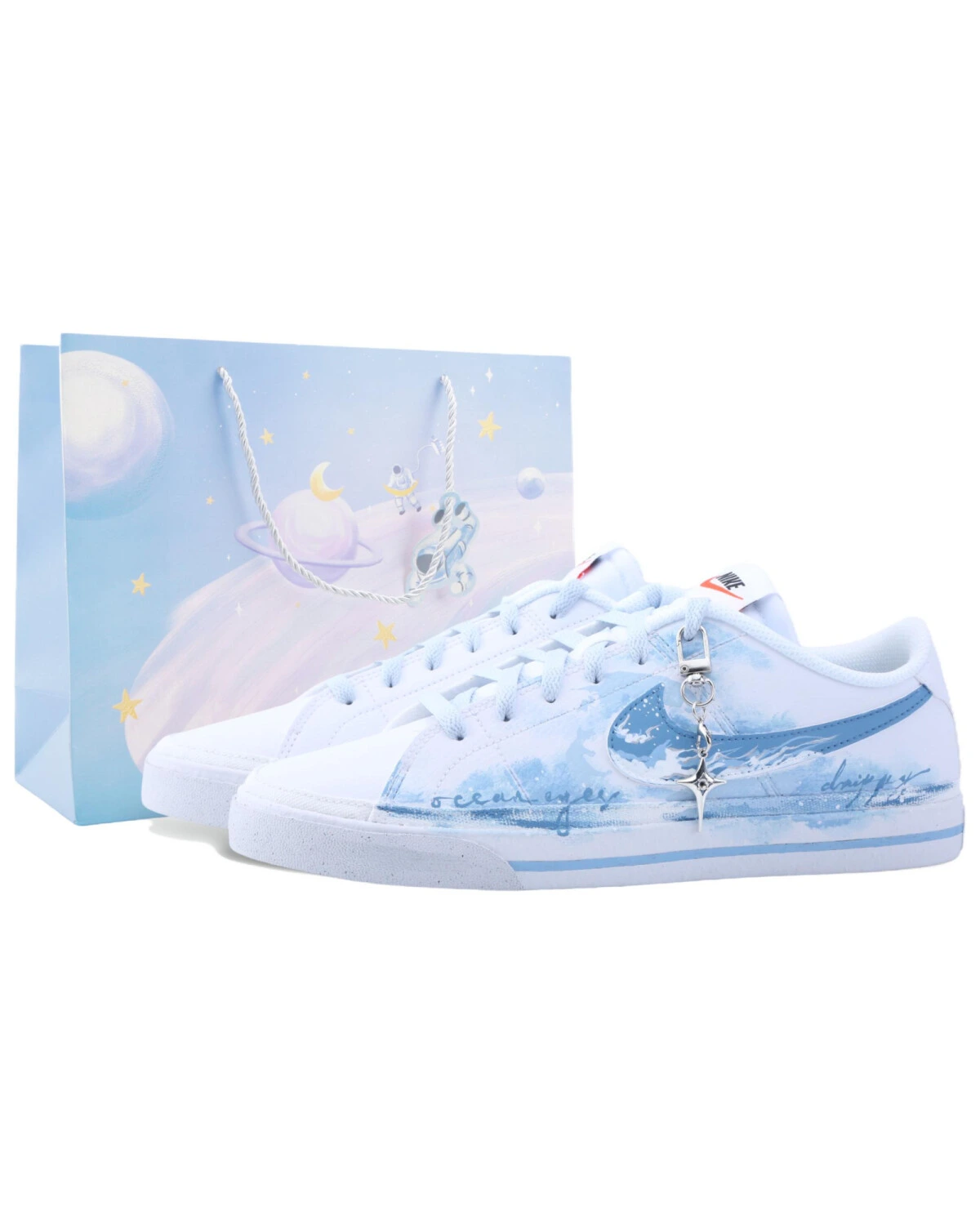 Nike Court Legacy Drippy мужские кеды бело-голубые с ручной росписью картинка