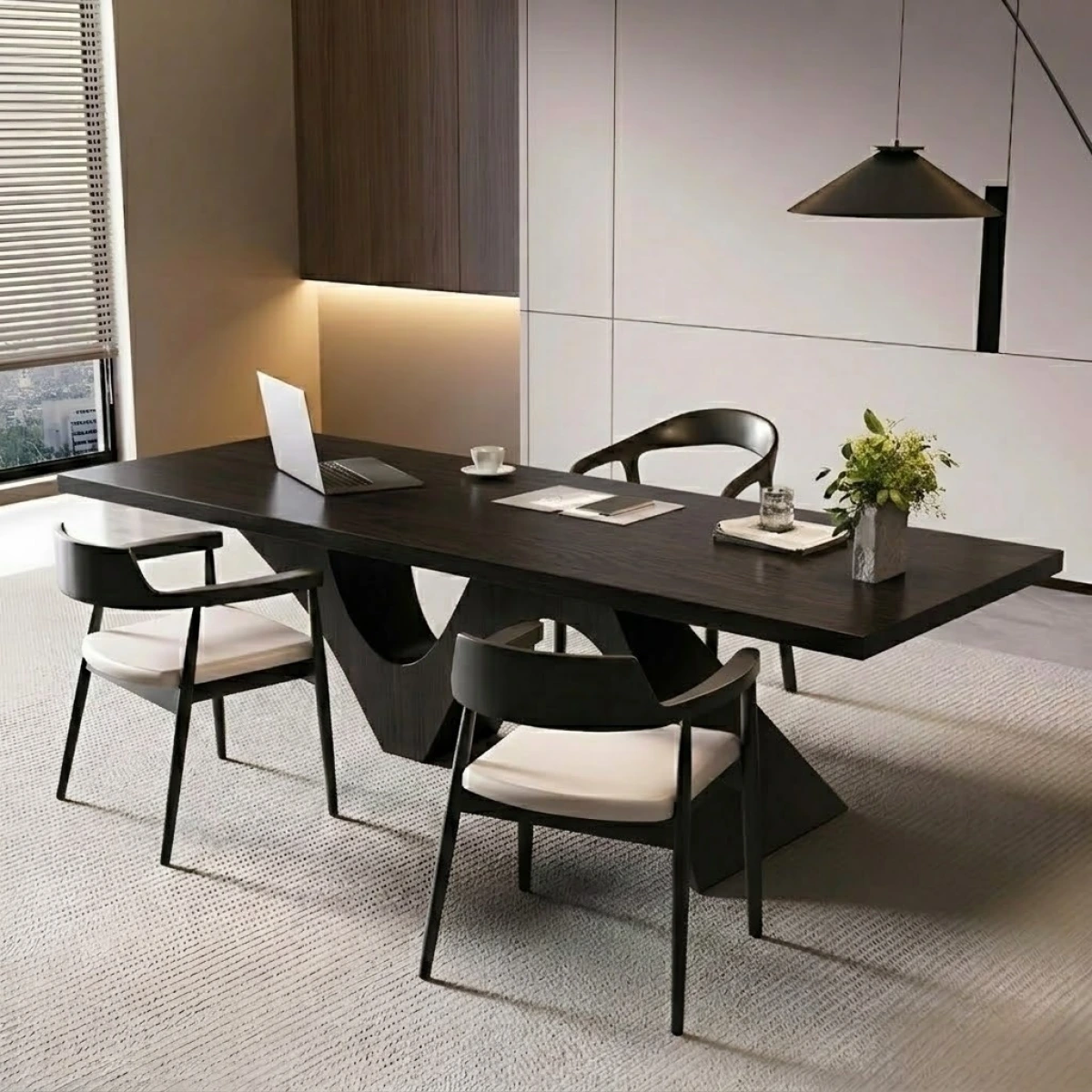 Дизайнерский рабочий стол из массива сосны с геометричным основанием (Темно-коричневый) картинка