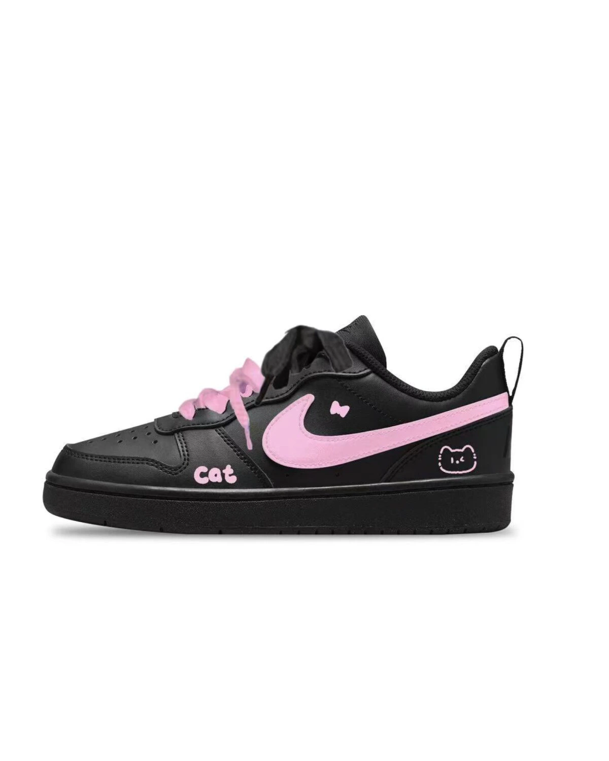 Nike Court Borough детские кроссовки кожаные черно-розовые с котиками картинка