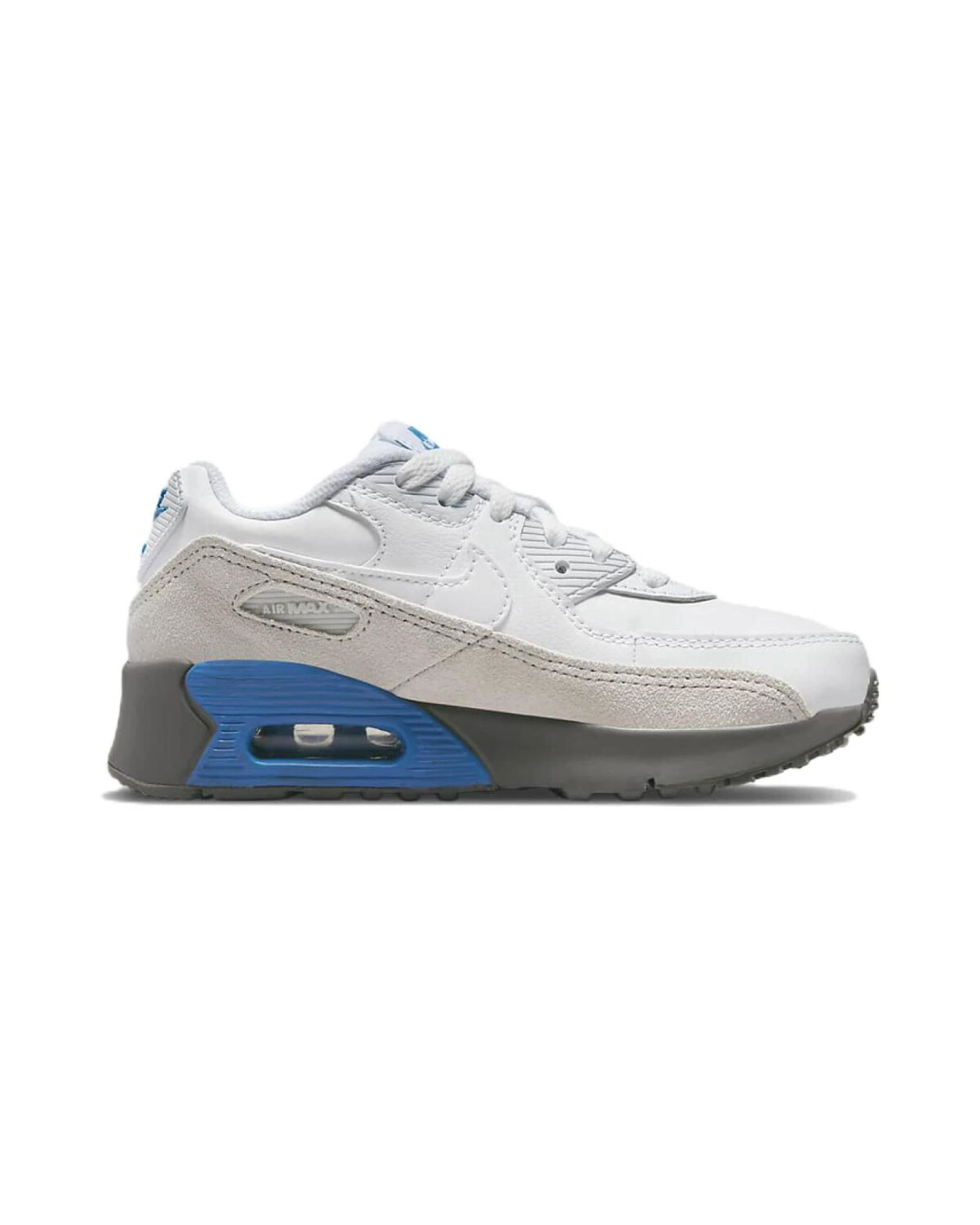 Nike Air Max 90 детские кроссовки бело-серые с синим акцентом картинка