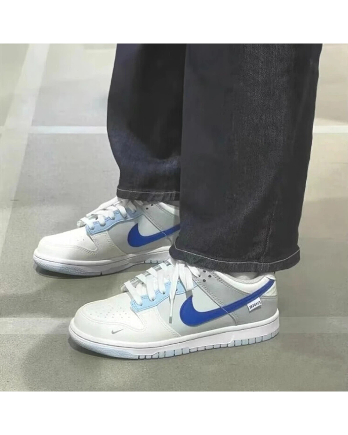Nike Dunk детские кроссовки кожаные бежевые с синим картинка