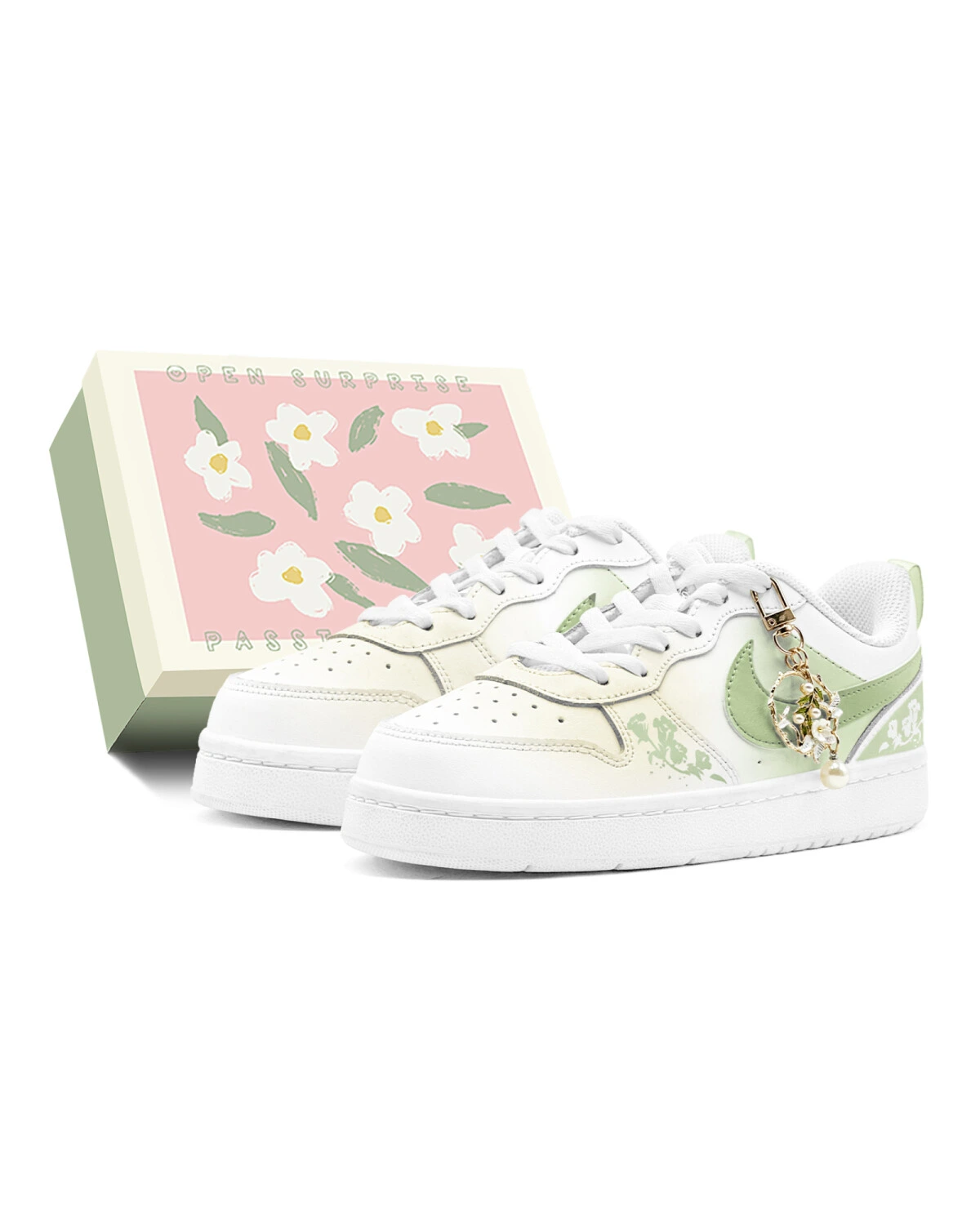 Nike Court Borough женские кроссовки зелено-желтые с цветочным принтом картинка