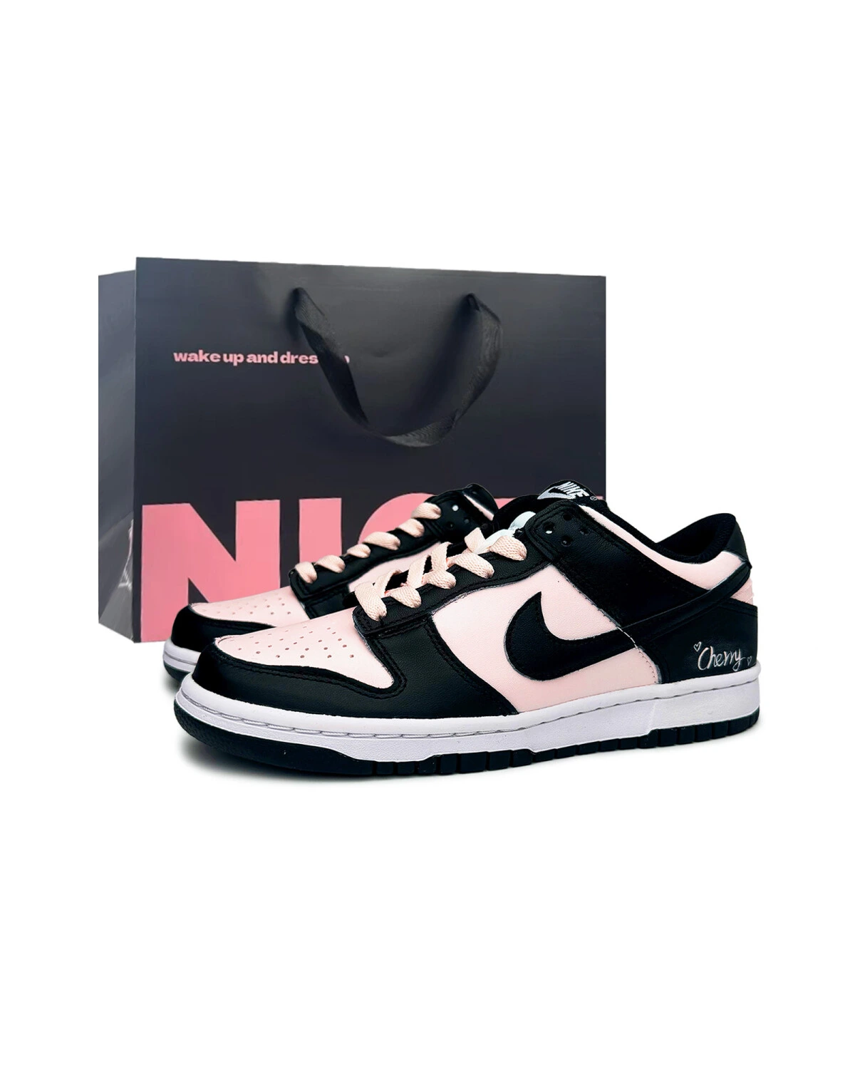 Nike Dunk Cherry детские кроссовки из кожи черно-розовые картинка