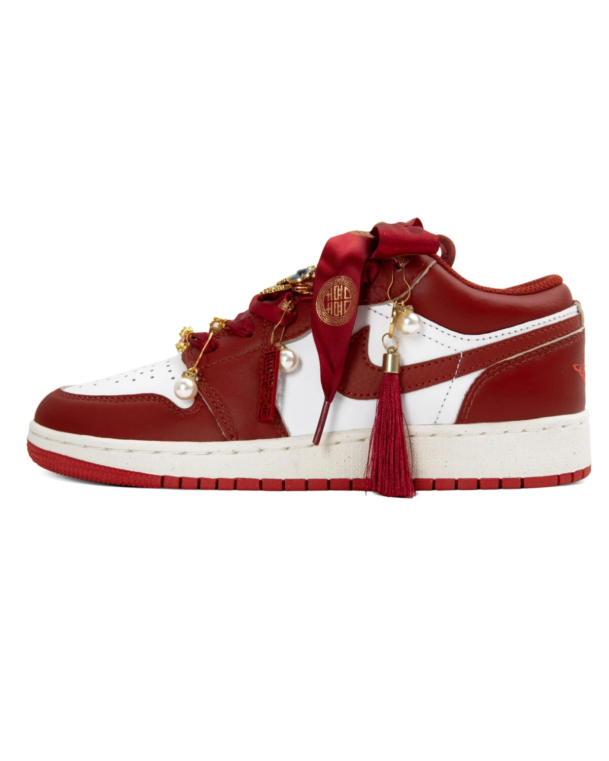 Jordan Air Jordan 1 GS женские кроссовки красные с кисточками и жемчугом картинка