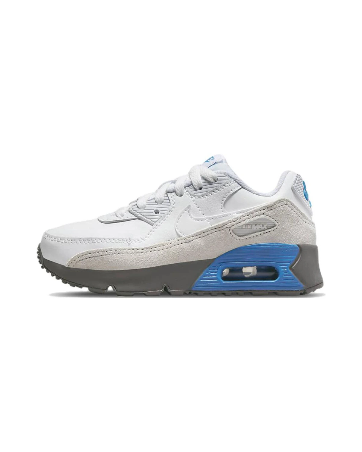Nike Air Max 90 детские кроссовки бело-серые с синим акцентом картинка