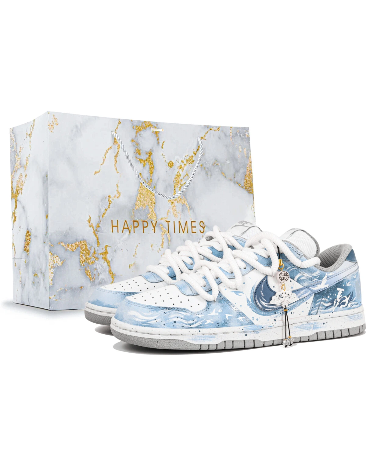 Nike Big Low мужские кеды сине-белые с ручной росписью картинка