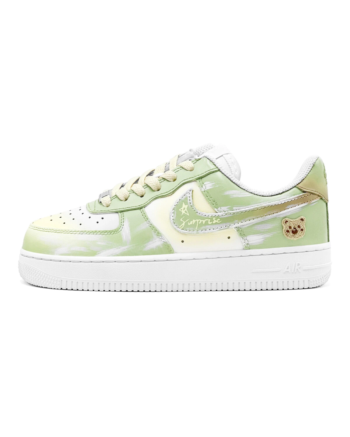 Nike Air Force 1 женские повседневные кроссовки зелено-желтые с медвежьим принтом картинка
