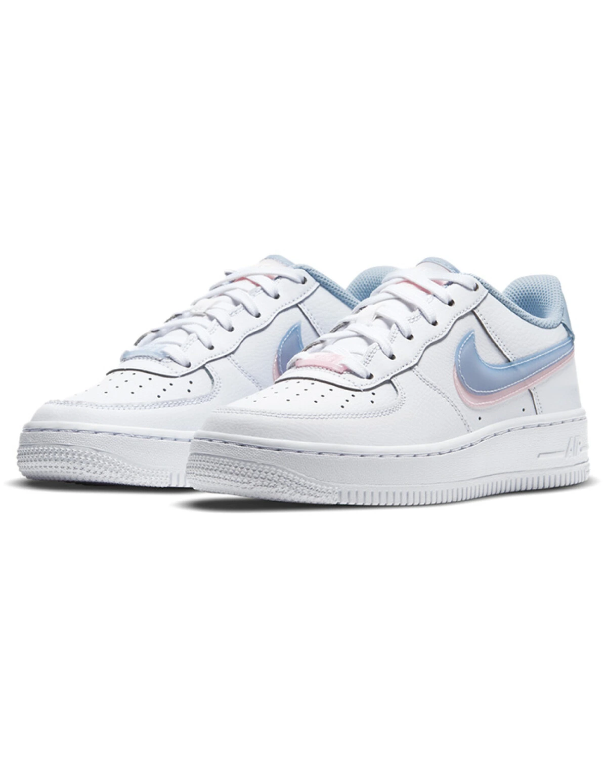 Nike Air Force 1 Double Swoosh детские кеды бело-голубые с розовыми акцентами картинка