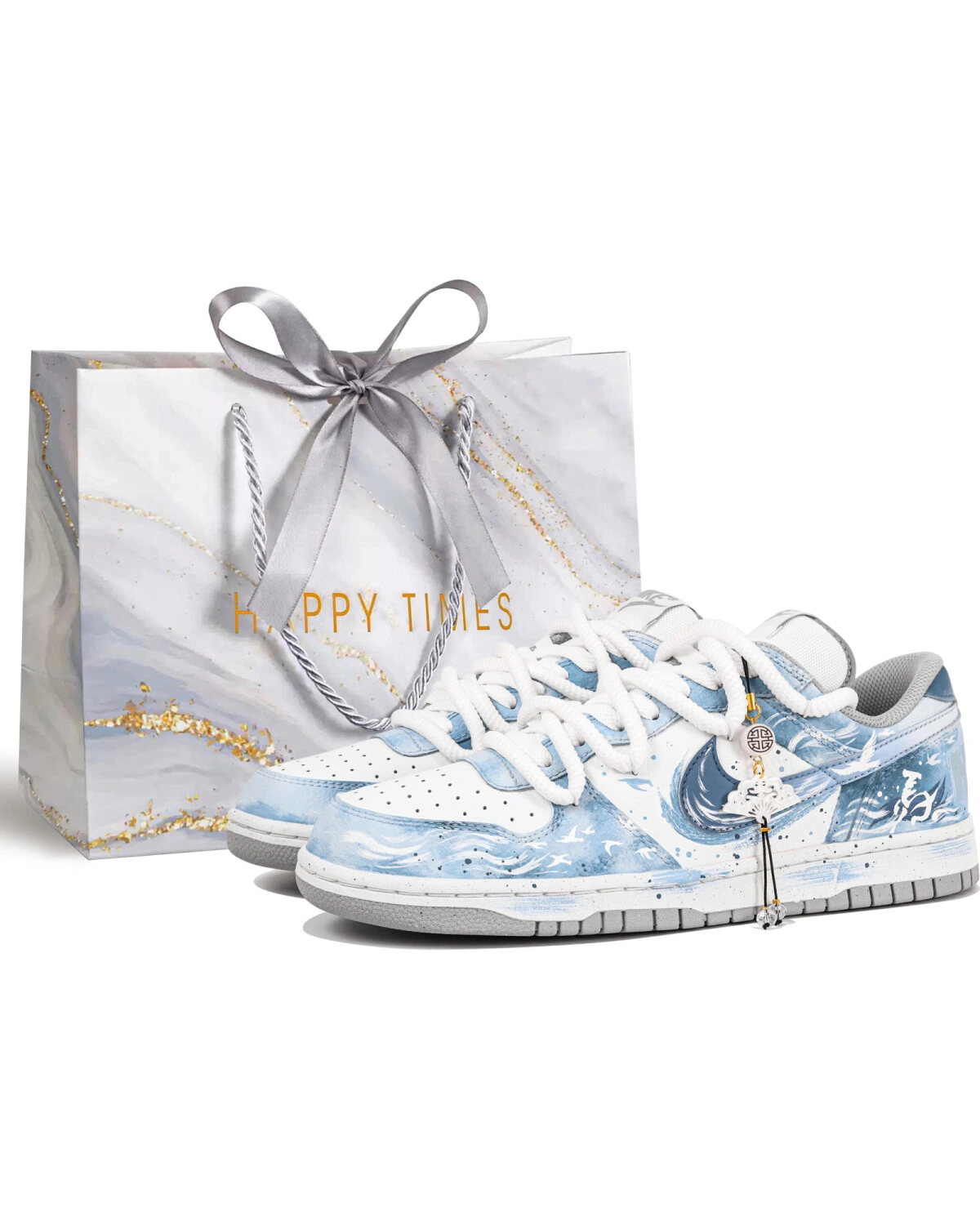 Nike Big Low мужские кеды сине-белые с ручной росписью картинка