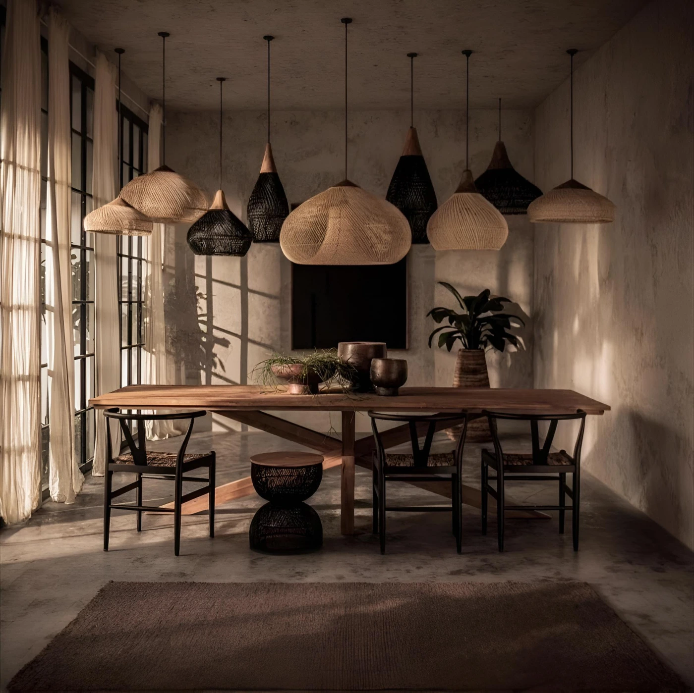 Черная люстра из бамбука в стиле ваби-саби картинка