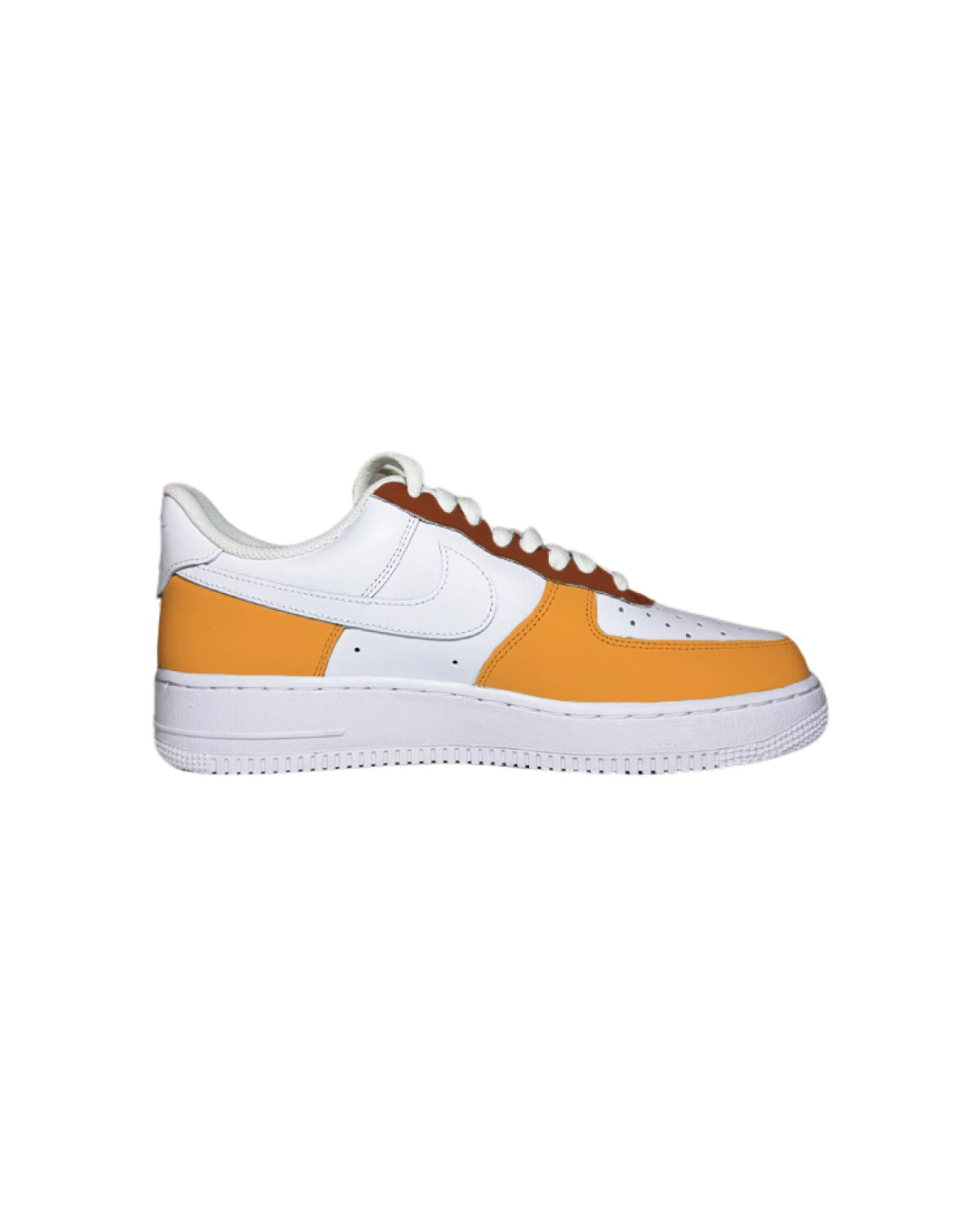 Nike Air Force 1 07 мужские кроссовки из натуральной кожи белые с оранжево-коричневыми вставками картинка
