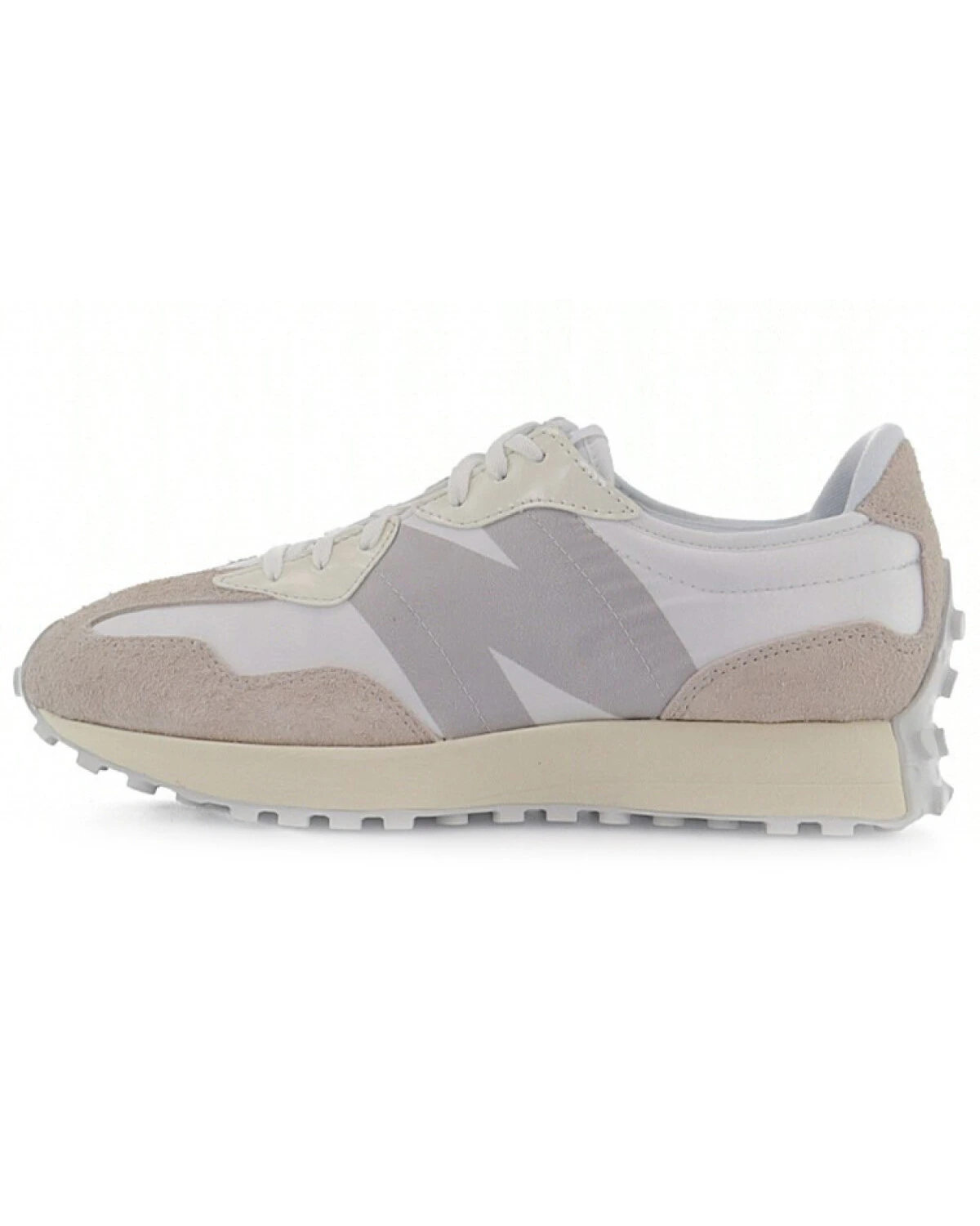 New Balance NB 327 женские кроссовки повседневные бело-серые из ткани и кожи картинка